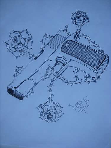 Tattoo Design by Urban Kid! Colt 45. sitting on top of roses.