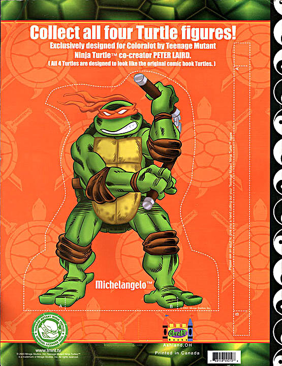 "Teenage Mutant Ninja Turtles - Coloring Book"  Coloralot Books Back  Cover  "Michealangelo " Cut-out figure { small v. }  // Art by Laird, Brown & Lavigne  (( 2003 )) 
