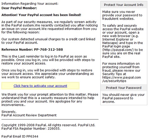 Anatomy of a PayPal Phishing Scam email