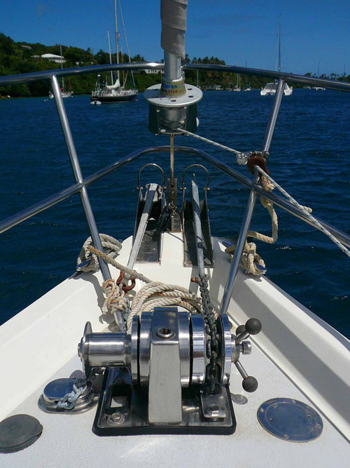 The bow with the Lighthouse Windlass, dual rollers and anchors.  