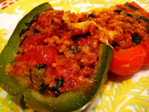 stuffed peppers with chorizo, rice, and spinach