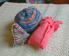 Three handknit knitted lavender sachets