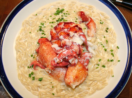 Butter Poached Maine Lobster with Cream Lobster Broth and Marscapone-Enriched Orzo