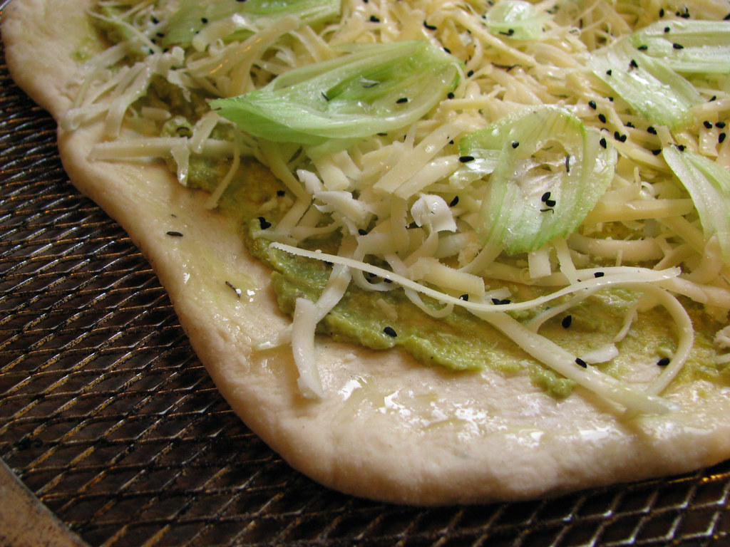 pizza with baby fennel, asparagus pesto & interesting spices