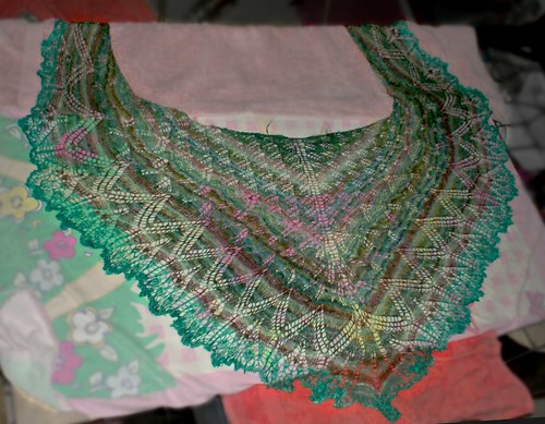 Knitted beaded lace handspun silk Aeolian shawl from Knitty online knitting magazine
