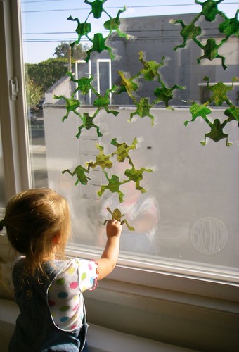 decorating the window with frogs