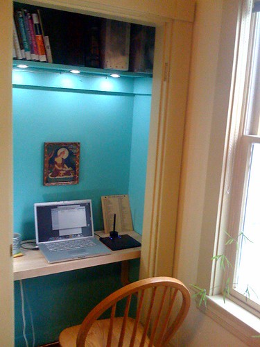 The closet office in use