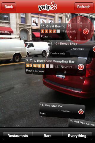 Yelp Screen Shots of Augmented Reality "Monocle" Feature on iPhone App