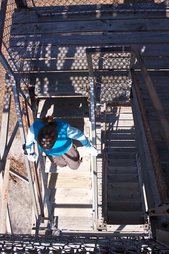 Melissa descends observation tower steps