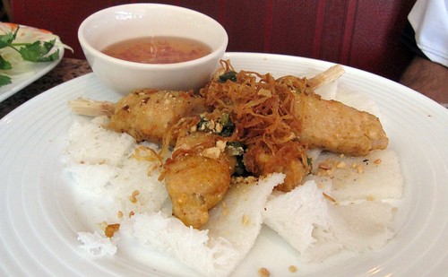 co'm grill - chao tom: the sugar cane shrimp over vermicelli by you.