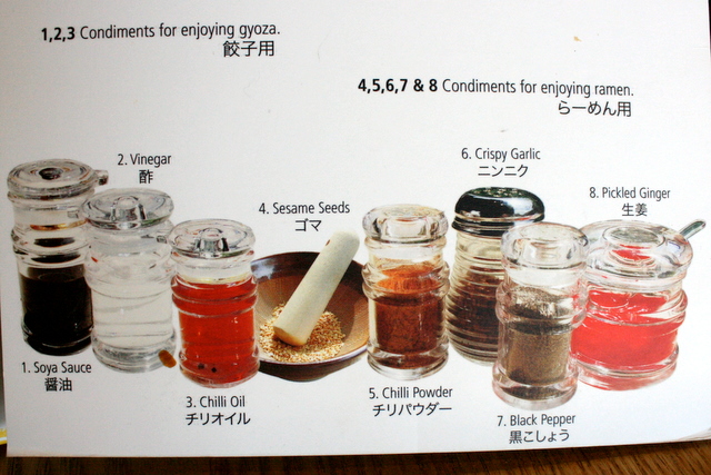 Many condiments to go with your ramen and gyoza