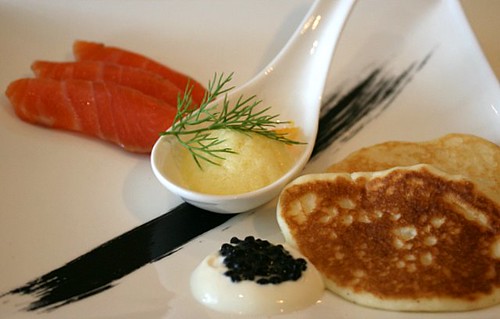 Smoked salmon, vegetarian caviar and blinis