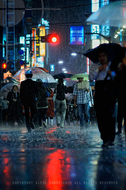 getting this shot almost cost me an entire bag of nikons. raining cats and dogs; shimbashi, tokyo photo