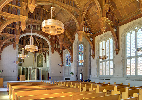 Former Daughters of Charity chapel, at the University of Missouri - Saint Louis, in Normandy, Missouri, USA - view of nave from side 1a