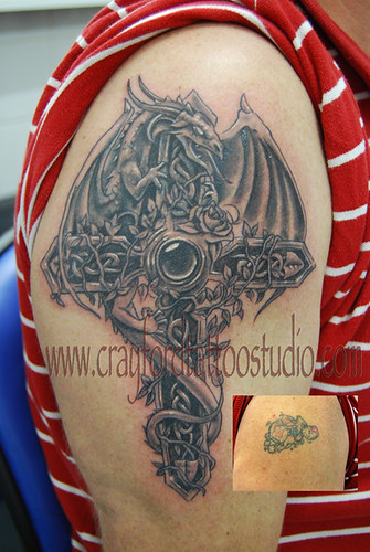 Cross and dragon cover up Tattoo 