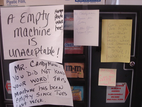 A [sic] Empty Machine is Unaceptable [sic]! Mr. Candyman, you did not keep your WORD! This machine has been empty since Tues last week.