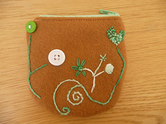Green Embroidery Doodle on Brown Coin Purse