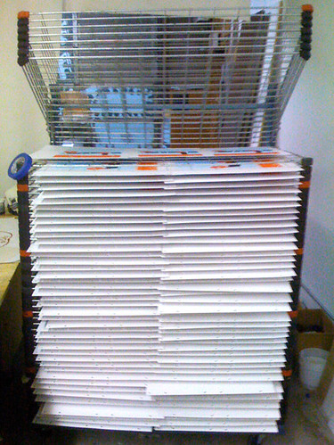 5 posters to a shelf, whew! 200+ Wilco posters printed and drying on the rack.