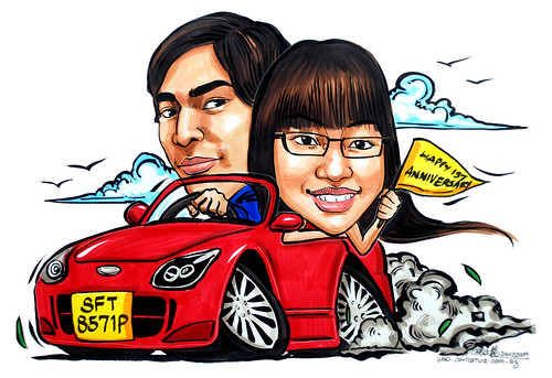 Couple caricatures on sports car