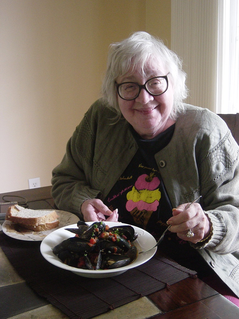 My Mom getting ready to enjoy the mussels
