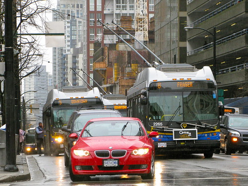 New Flyer trolleybuses in Vancouver rush hour traffic