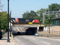 Northbound Canadian National freight train on top of the Irving Park Road viaduct. Schiller Park Illlinois. August 2006.