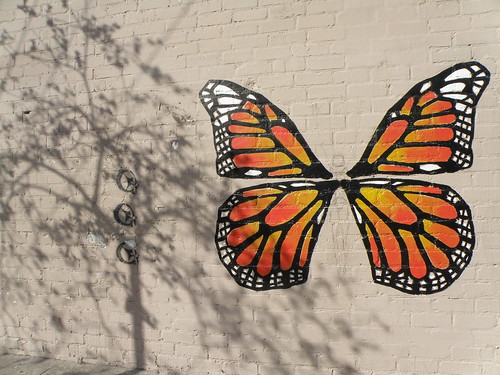 graffiti of intricately drawn Monarch butterfly wings, bright orange and black and white, on a beige-painted cement-brick wall
