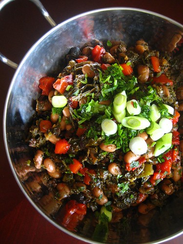 Tbikhit Kale with pinto beans and roasted red pepper