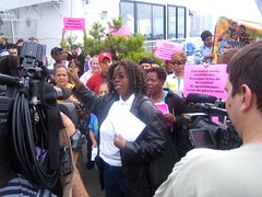 Tenants held a press conference outside the luncheon as landlords look on. by West Side Neighborhood Alliance