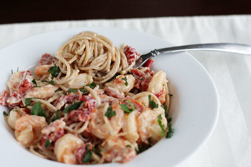 Whole Wheat Pasta with Goat Cheese, Sun-Dried Tomatoes, and Shrimp