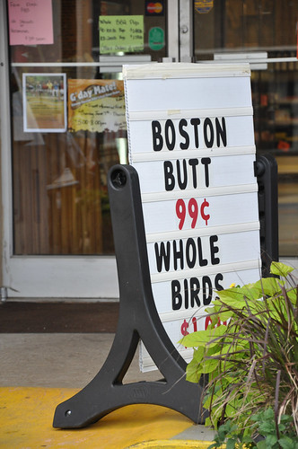 Selling some Boston Butt on Main Street in Hayesville, North Carolina.