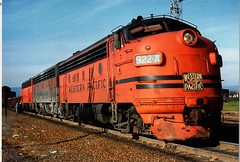 Western Pacific EMD F-7 # 922 A wearing the solid orange and black "Pumpkin" freight color scheme. Circa 1970's.