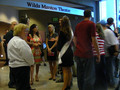 Mrs. Alaska United States and Mrs. Anchorage United States outside the Wilda Marston Theatre near the Assembly chambers