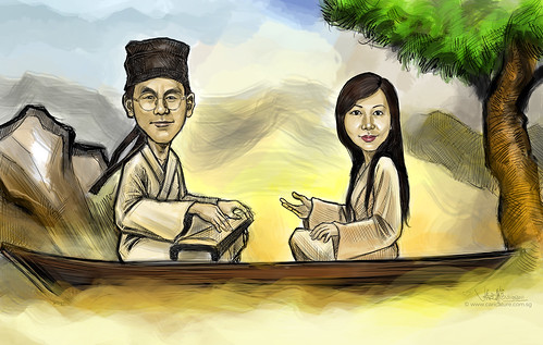 couple digital caricature sketch of playing Gu Zheng (古筝)