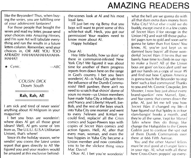 Amazing Heroes 86 letter from Cousin Dick lampooning Secret Wars II, 1985