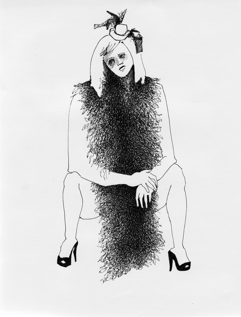 Merry in a Feather Boa, ink on paper, 2009 by Sarah Atlee.