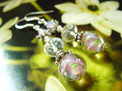  #GBER148 = ROSES ARE PINK SGD$25 Lampwork Earrings = Pink Flowers Glass  Lampwork Beads From Australia with  Crystal Rondelles . Swarovski Crystal Rounds in Rose Opal Color and 925 Sterling Silver Findings. Measures about 5cms including hooks. 