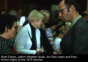 Ruth Clonin, JoAnn Wheeler Scott, Jim Dick (rear) and Paul Avrich (right) at the 1973 reunion.