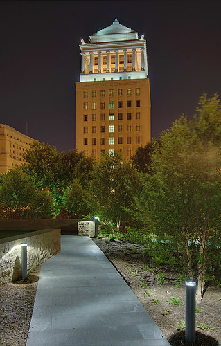 Civil Courts Building at night, as seen from the "Citygarden", in downtown Saint Louis, Missouri, USA