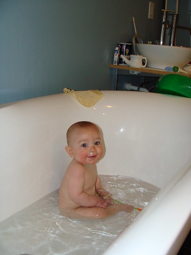 Silas's first bath in the big tub