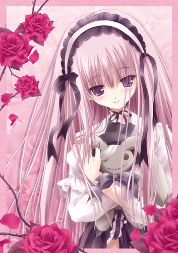cute girls with roses. pink anime girl with roses