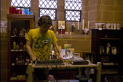 Recording peformances of medieval chant in a church, 17 June 2009. Photograph by Lorena Meana.