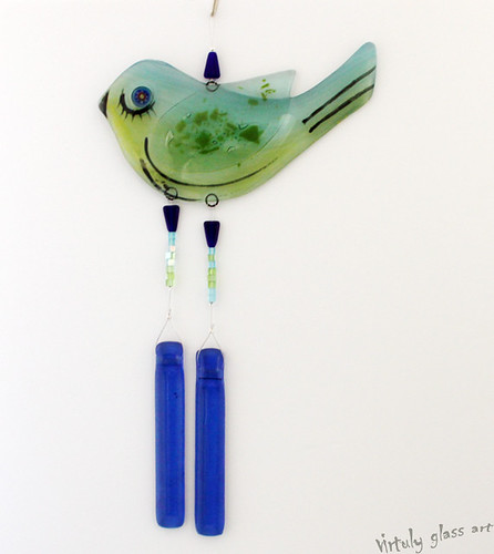 fused glass bird Suncatcher Wind Chimes Mobile by virtuly art in glass