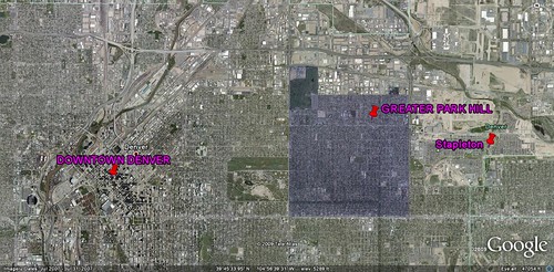 downtown Denver, Greater Park Hill, and Stapleton (image by Google Earth, polygon by APA, labels by me)