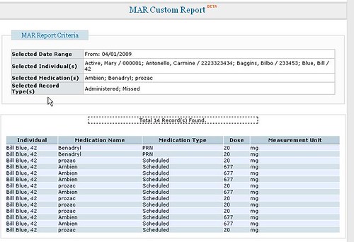 Screenshot of MAR Custom Report page with Mar Report Criteria field and list of total records