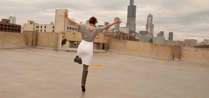 white skirt chicago gray top tucked boots spring sears tower parking garage curls dash dot dotty style blog