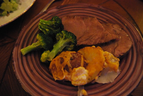 Roast beef, scalloped potatoes, broccoli