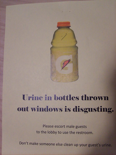 Urine in bottles thrown out windows is disgusting. Please escort male guests to the lobby to use the restroom. Don't make someone else clean up your guest's urine.
