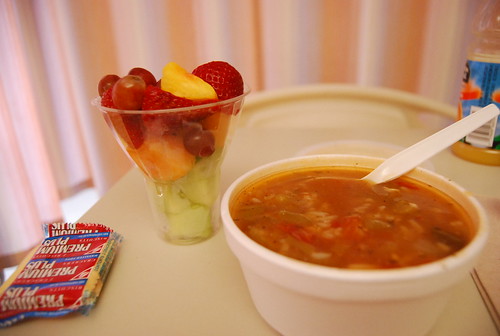 Real food; chicken gumbo soup and fruit