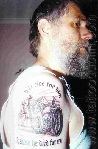 biker tattoo. black shade jesus iker tattoo